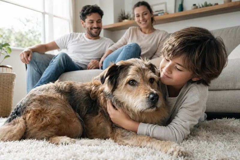 Ein freundlicher Cão da Serra de Aires Hund entspannt neben einem Kind im Wohnzimmer.