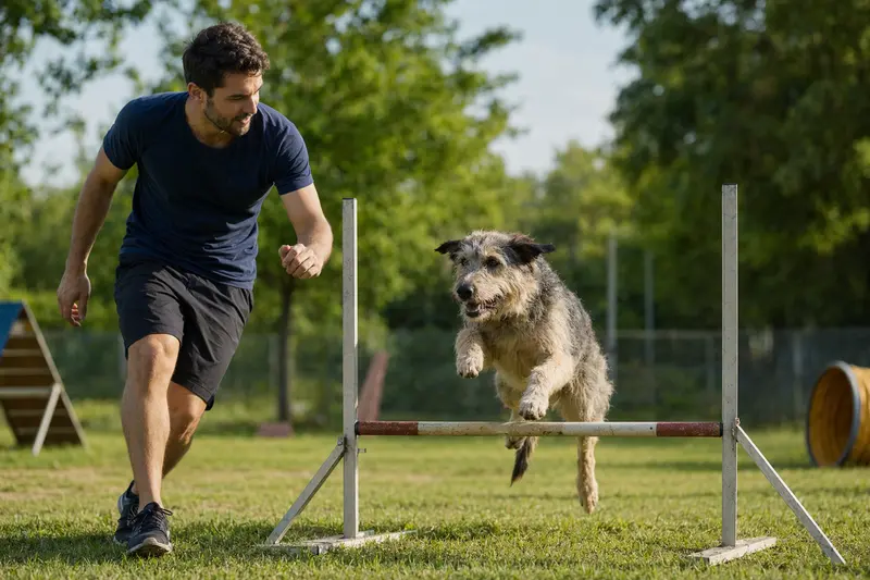 Ein Cão da Serra de Aires trainiert mit seinem Besitzer auf einem Hundeplatz an einer kleinen Hürde bei sonnigem Wetter.