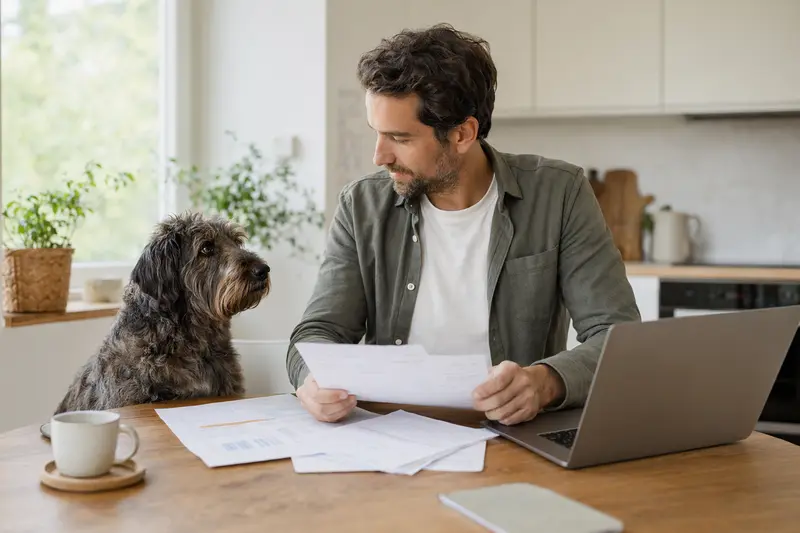 Ein Cão da Serra de Aires Hund sitzt neben seinem Besitzer am Küchentisch, wo Versicherungsunterlagen und ein Laptop liegen.
