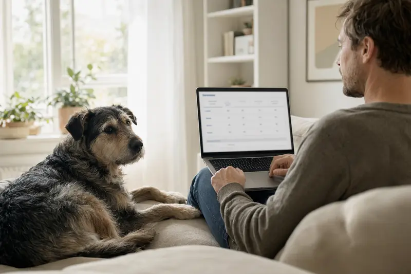 Ein Hund des Cão da Serra de Aires sitzt neben seinem Besitzer, der auf einem Laptop sitzt, während sie eine Versicherungsoberfläche betrachten.