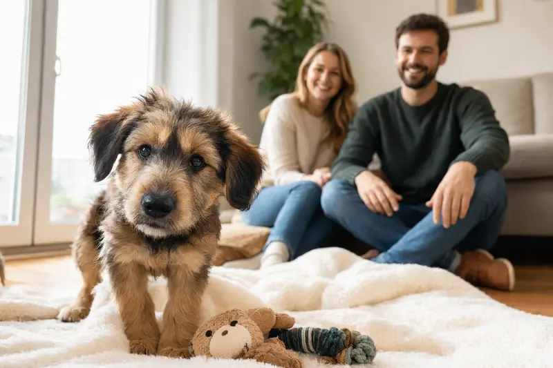 Ein neugieriger Cão da Serra de Aires Welpe entdeckt seine weiche Decke und Spielzeuge in einer freundlichen Wohnung mit seiner liebevollen Familie im Hintergrund.