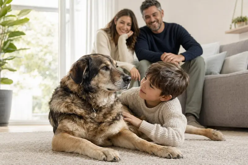 Ein freundlicher Cao de Castro Laboreiro Hund liegt entspannt neben einem Kind im hellen Wohnzimmer einer sicheren Familie.