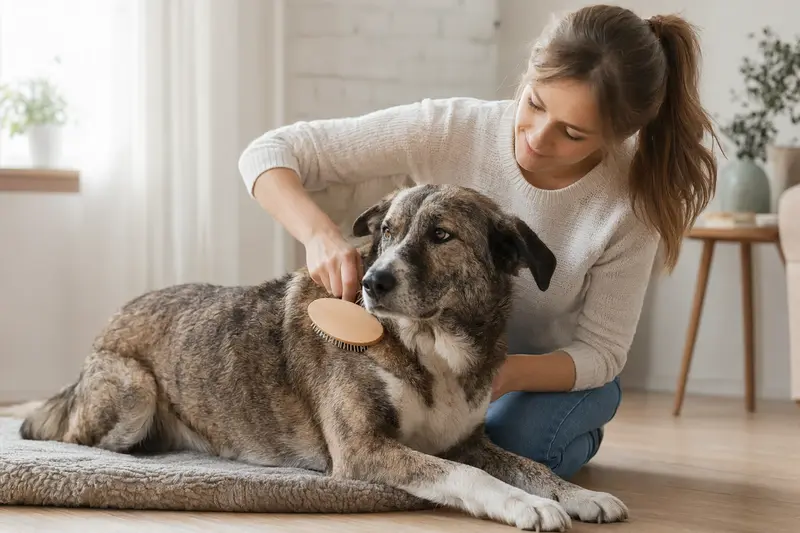 Ein Cao de Castro Laboreiro Hund wird in einer hellen Wohnung sanft gebürstet, während sein Besitzer liebevoll die Fellpflege übernimmt.