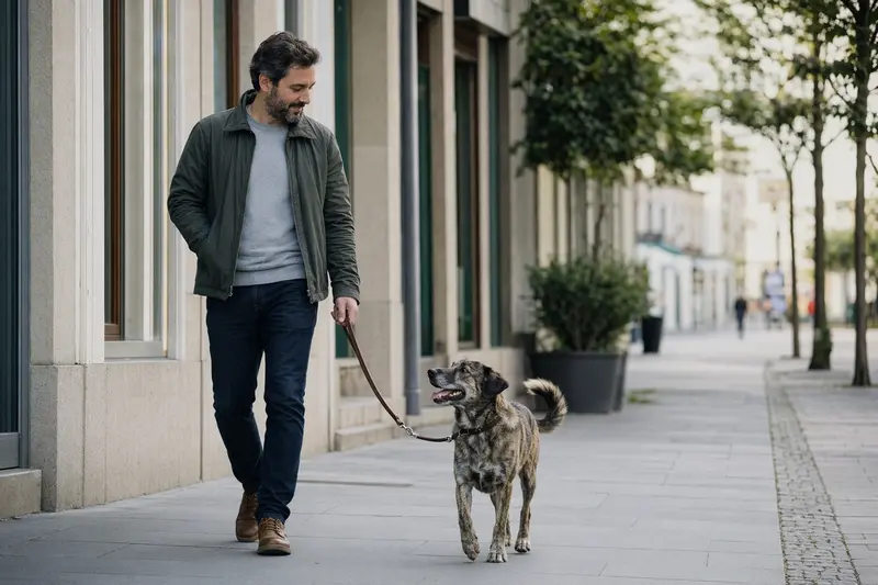 Ein Cao de Castro Laboreiro läuft an der Leine mit seinem Besitzer entspannt durch eine moderne Stadtstraße.