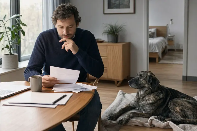 Ein Hundehalter sitzt mit einer Tierarztrechnung am Tisch, während ein Cao de Castro Laboreiro ruhig auf einer Decke in der hellen Wohnung liegt.