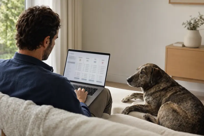 Ein Besitzer arbeitet am Laptop mit einem Cao de Castro Laboreiro Hund auf dem Sofa, während eine Versicherungsvergleichsseite im Hintergrund angezeigt wird.