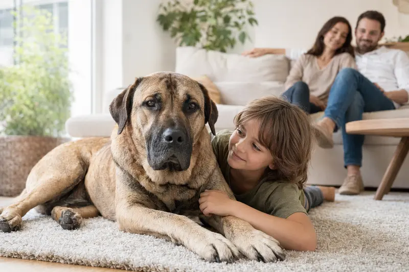 Ein freundlicher Cao de Fila Hund liegt entspannt neben einem Kind im hellen Wohnzimmer, während die Eltern im Hintergrund zu sehen sind.