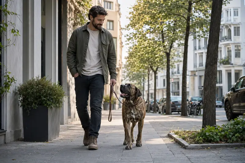 Ein Cao de Fila Hund läuft angeleint mit seinem Besitzer entspannt durch eine freundliche moderne Stadtstraße.