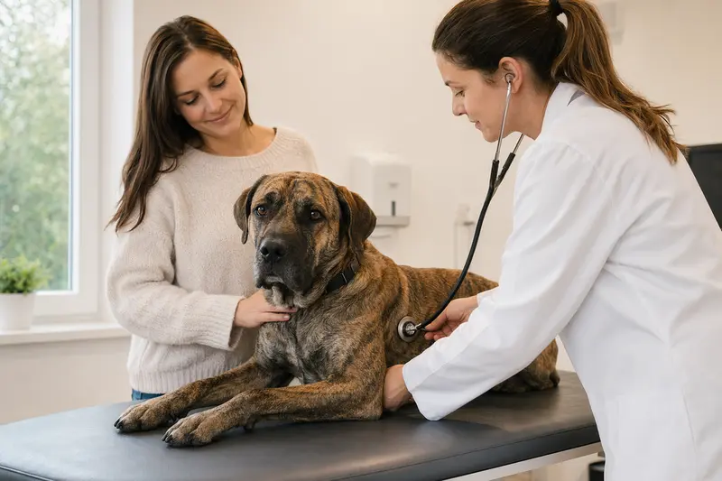 Eine Tierärztin untersucht einen ruhigen Cao de Fila Hund mit dem Stethoskop in einer modernen Tierarztpraxis, während der Besitzer beruhigend daneben steht.