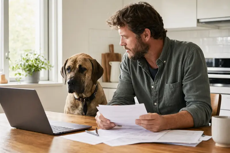 Ein Cao de Fila Hund sitzt ruhig neben seinem Besitzer am Küchentisch mit Versicherungsunterlagen und einem Laptop mit neutraler Vergleichsseite.