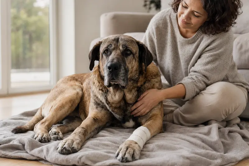 Ein Cao de Fila Hund mit leichtem Verband an der Pfote liegt ruhig auf einer Decke neben seinem erleichterten Besitzer in einer hellen Wohnung.