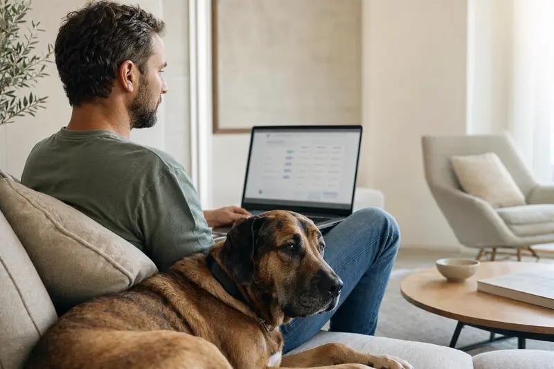 Besitzer mit Laptop auf dem Sofa, neben ihm ein Cao de Fila Hund, in einer hellen Wohnung, während er eine Versicherungsvergleichsseite betrachtet.
