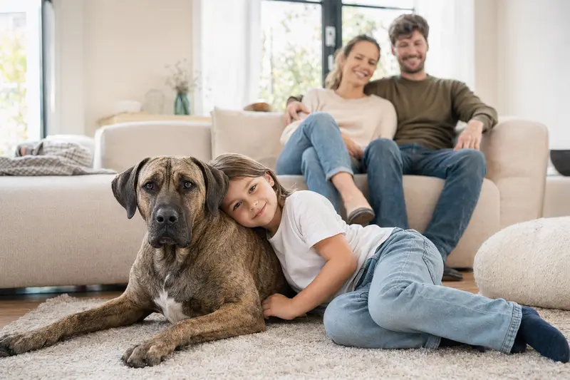 Ein freundlicher Cao Fila de Sao Miguel liegt entspannt neben einem Kind im Wohnzimmer in einer sicheren Familienatmosphäre.