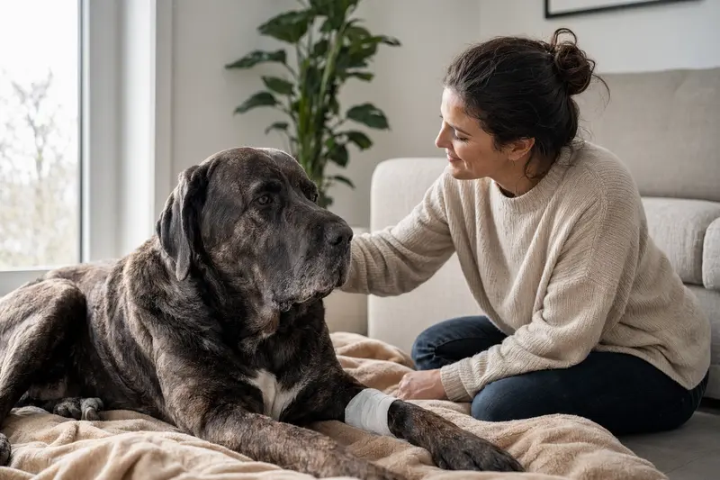 Ein Cao Fila de Sao Miguel Hund mit leicht verbundenen Pfote liegt ruhig auf einer Decke, während sein Besitzer neben ihm sitzt und erleichtert wirkt.