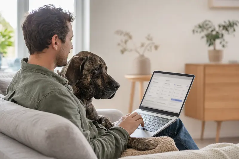 Ein Hund Fila de Sao Miguel sitzt neben einem Laptop-Besitzer auf dem Sofa in einer hellen Wohnung, während eine Versicherungsvergleichs-Oberfläche auf dem Bildschirm sichtbar ist.