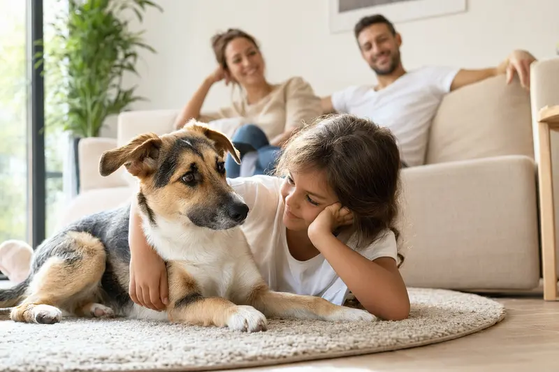 Ein Caravan Hound Hund liegt entspannt neben einem Kind im Wohnzimmer und vermittelt eine sichere Familienatmosphäre.