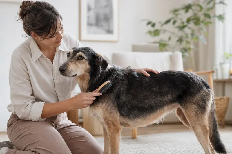 Ein Caravan Hound wird in einer hellen Wohnung sanft von seinem Besitzer gebürstet, während die Fellpflege ruhig und liebevoll erfolgt.