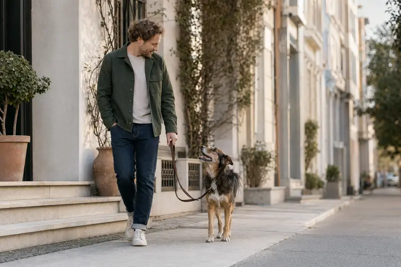 Ein Caravan Hound läuft entspannt an der Leine mit seinem Besitzer durch eine moderne Stadtstraße.