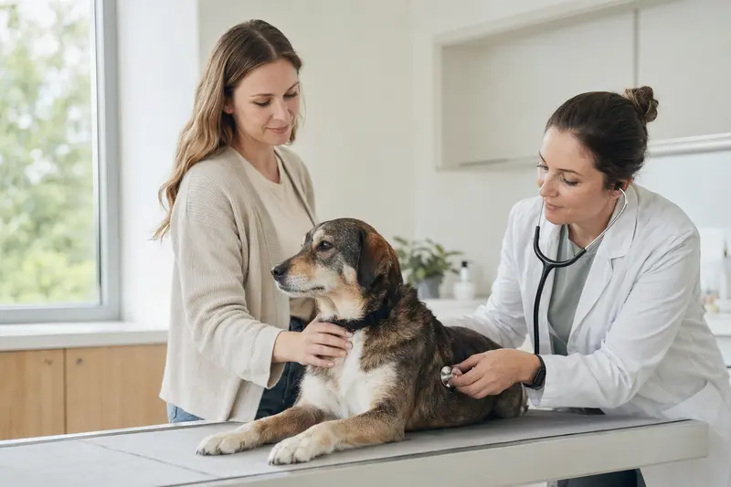 Ein ruhiger Caravan Hound Hund wird von einer freundlichen Tierärztin in einer modernen Praxis mit einem Stethoskop untersucht, während der Besitzer beruhigend danebensteht.