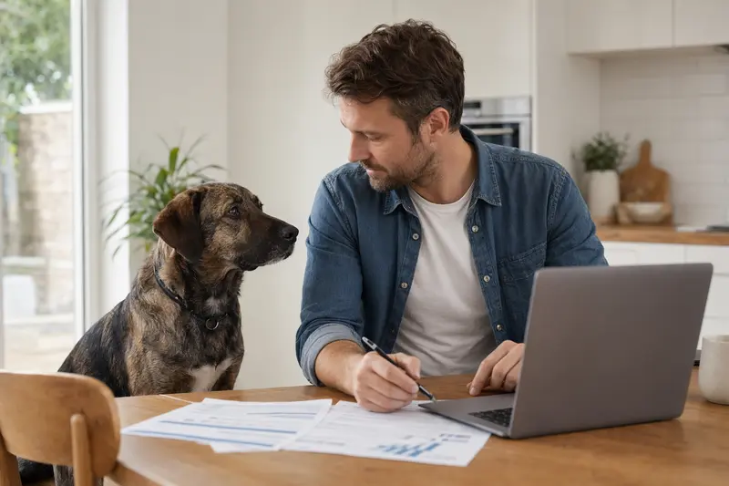 Ein Caravan Hound sitzt entspannt neben seinem Besitzer am Küchentisch mit Versicherungsunterlagen und einem Laptop.