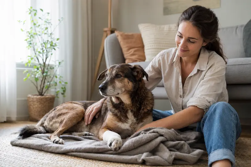 Ein Caravan Hound Hund mit Verband an der Pfote liegt entspannt neben seinem erleichterten Besitzer in einer hellen Wohnung.