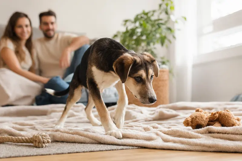 Ein junger Caravan Hound Welpe erkundet neugierig sein neues Zuhause mit einer liebevollen Familie im Hintergrund.