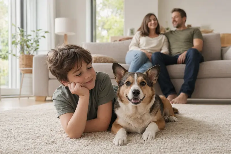 Ein freundlicher Cardigan Welsh Corgi liegt entspannt neben einem Kind im hellen Wohnzimmer und vermittelt eine sichere Familienatmosphäre.