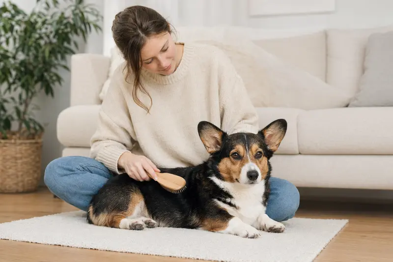 Ein Cardigan Welsh Corgi wird in einer hellen Wohnung liebevoll gebürstet und gepflegt.