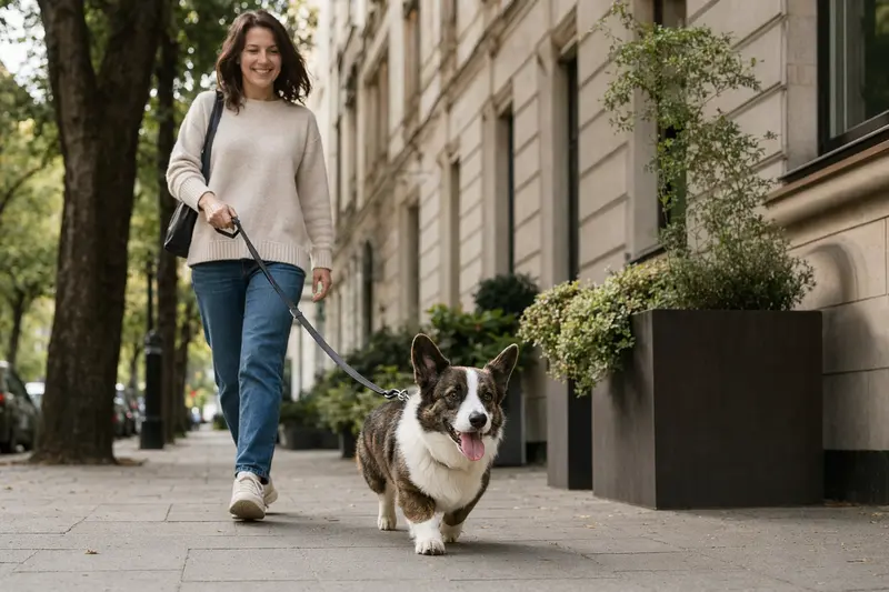 Ein Cardigan Welsh Corgi läuft an der Leine mit seinem Besitzer durch eine moderne Stadtstraße.