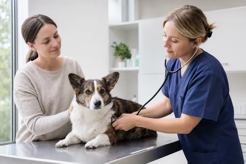 Ein ruhiger Cardigan Welsh Corgi wird von einer freundlichen Tierärztin mit einem Stethoskop in einer modernen Tierarztpraxis untersucht, während der Besitzer beruhigend daneben steht.