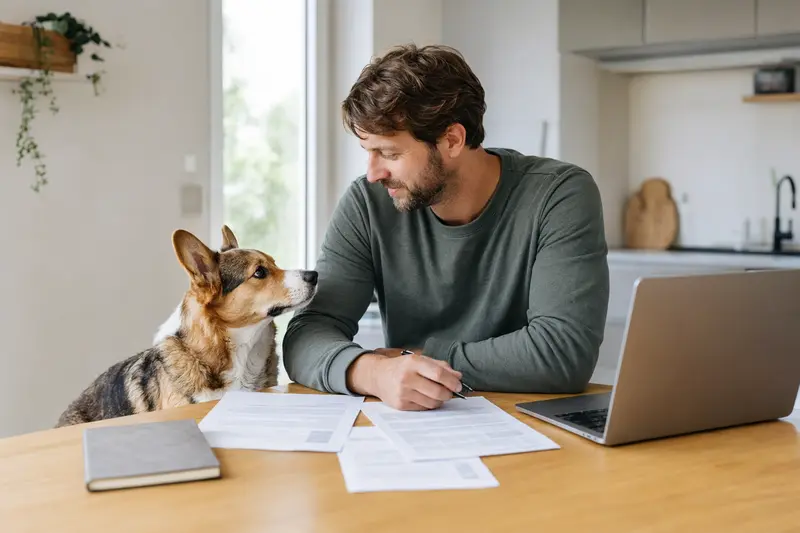 Ein ruhiger Cardigan Welsh Corgi Hund sitzt neben seinem Besitzer am Küchentisch, auf dem Versicherungsunterlagen und ein Laptop liegen.