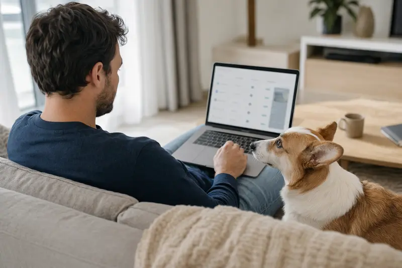 Ein Hundebesitzer sitzt mit einem Laptop auf dem Sofa, während ein Cardigan Welsh Corgi daneben liegt.