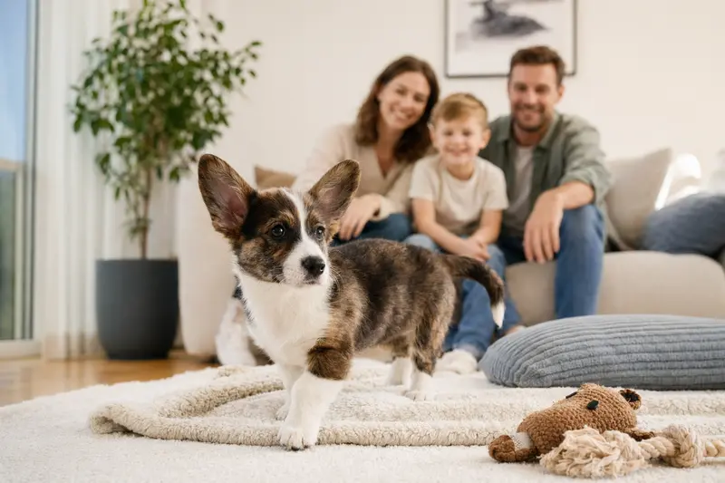 Ein neugieriger Cardigan Welsh Corgi Welpe erkundet sein neues Zuhause, umgeben von einer liebevollen Familie und gemütlichen Spielsachen.