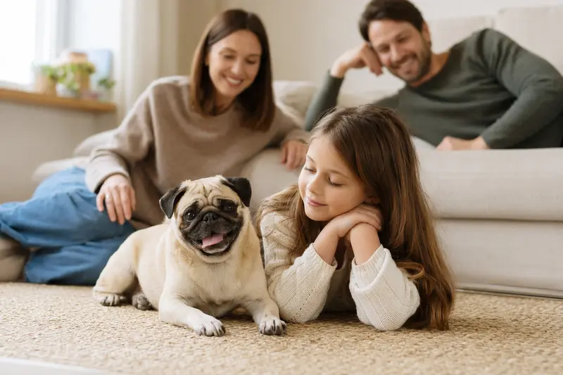 Ein freundlicher Carlino Hund liegt entspannt neben einem Kind im Wohnzimmer und vermittelt ein Gefühl von Sicherheit und Geborgenheit.