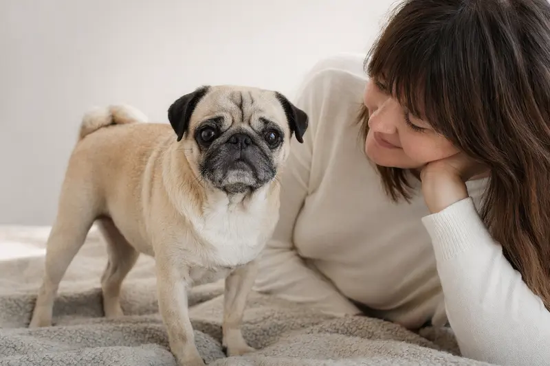 Ein aufmerksamer Carlino Hund steht in natürlicher Haltung vor hellem neutralem Hintergrund.