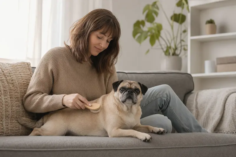 Ein Carlino wird zuhause sanft gebürstet, während sein Besitzer liebevoll die Fellpflege übernimmt.