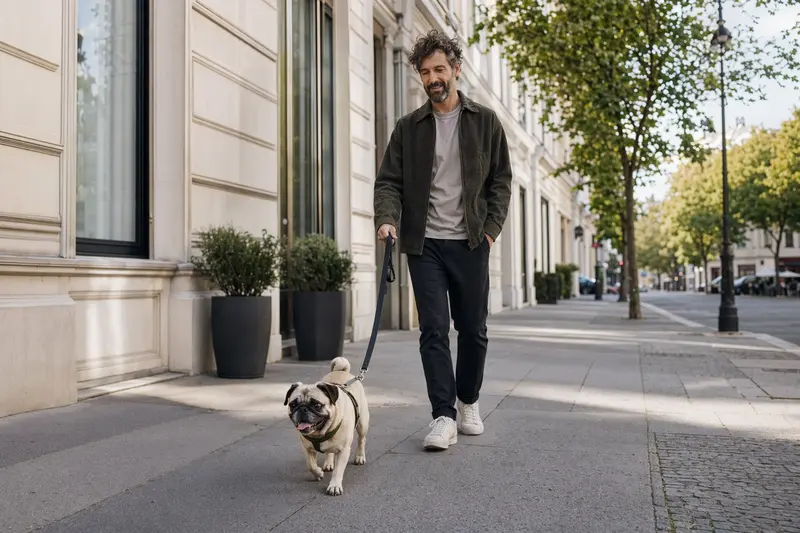 Ein Carlino Hund läuft an der Leine mit seinem Besitzer durch eine freundliche moderne Stadtstraße.