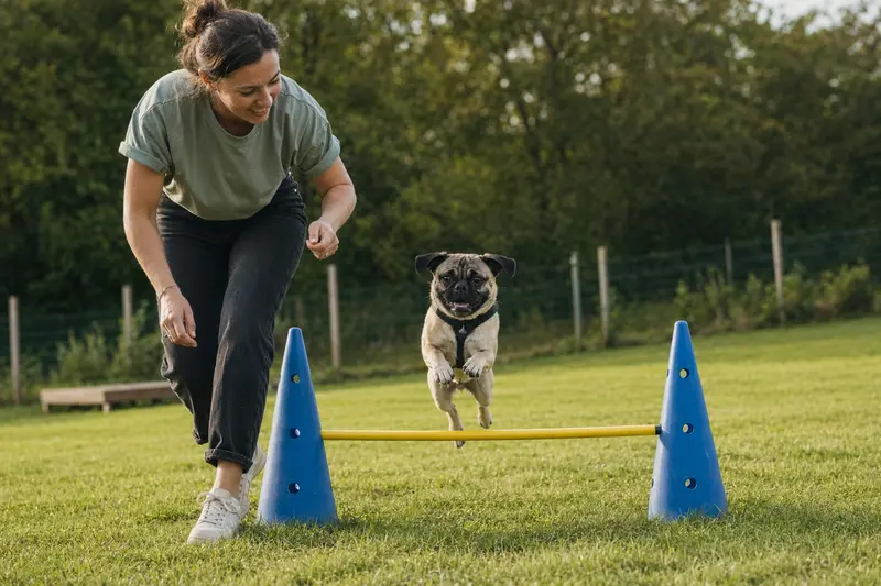Ein aktiver Carlino springt mit seinem Besitzer über eine kleine Trainingshürde auf dem Hundeplatz in sonniger, sicherer Umgebung.