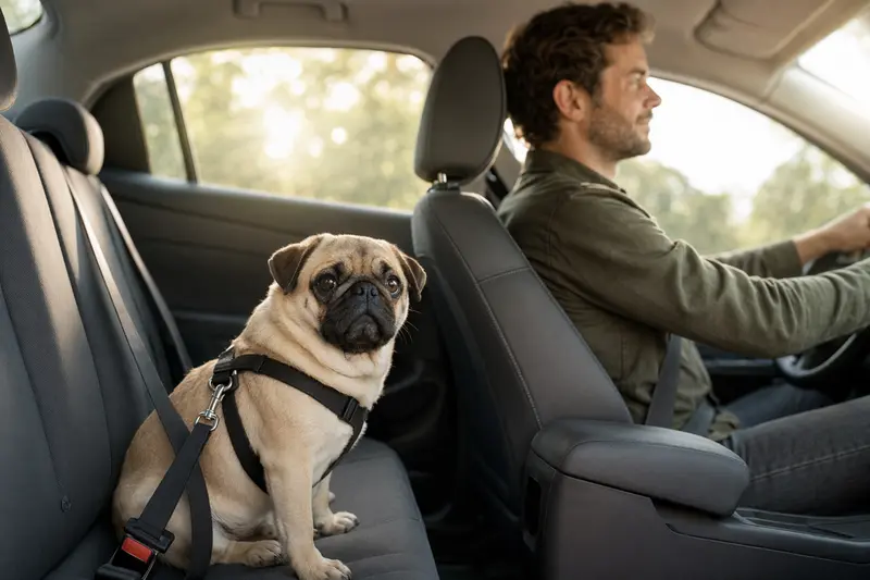 Ein sicher angeschnallter Carlino Hund sitzt entspannt im Auto und genießt das Sonnenlicht