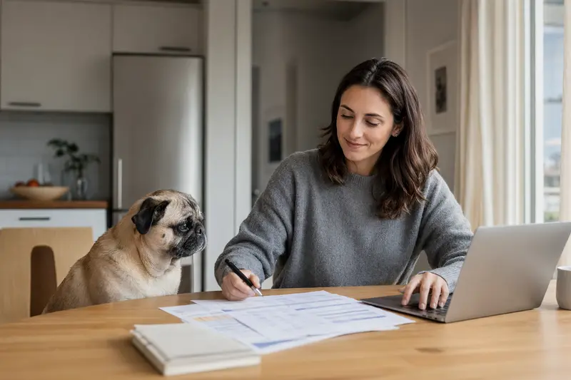 Ein Carlino Hund sitzt entspannt neben seinem Besitzer am Küchentisch bei der Durchsicht von Versicherungsunterlagen.