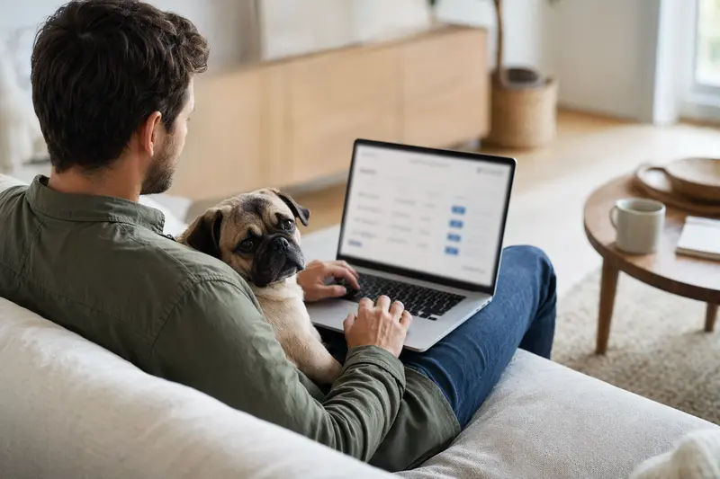 Ein Hundebesitzer sitzt mit einem Laptop auf dem Sofa, während ein Carlino neben ihm sitzt und eine Versicherungsvergleichsseite auf dem Bildschirm angezeigt wird.