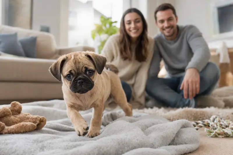 Ein junger Carlino Welpe erkundet neugierig sein neues Zuhause mit einer weichen Decke und Spielzeug, während eine liebevolle Familie im Hintergrund zu sehen ist.