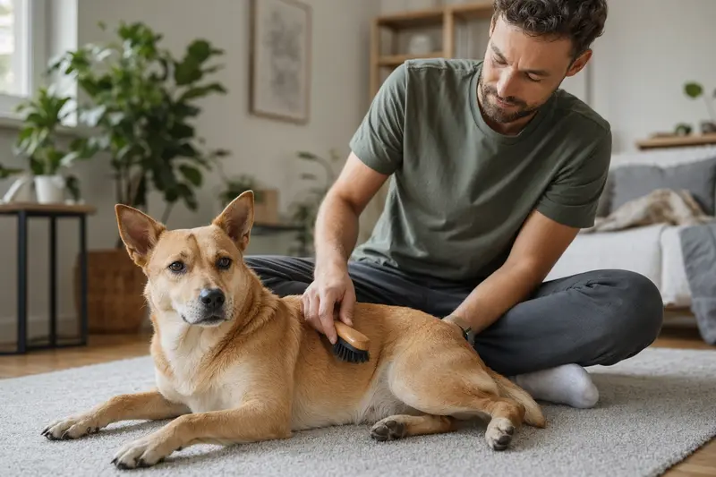 Ein Carolina Dog wird zuhause liebevoll gebürstet, während sein Besitzer die Fellpflege ruhig und aufmerksam übernimmt.