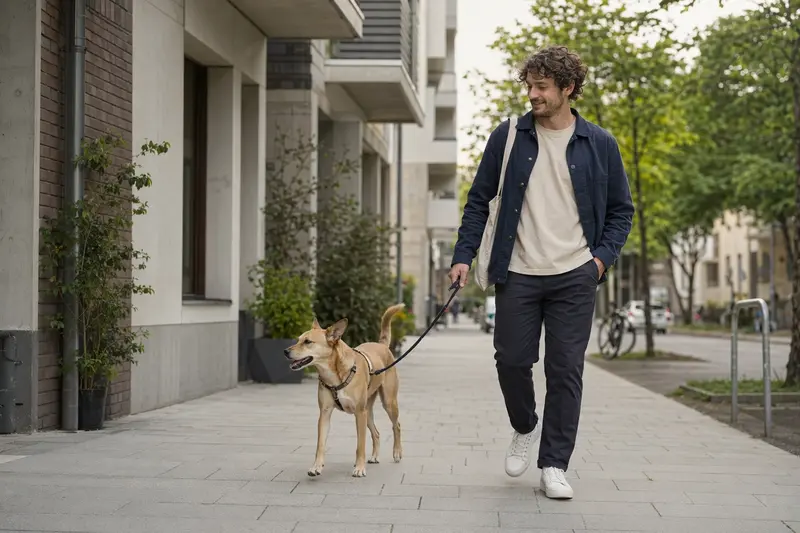 Ein Carolina Dog läuft an der Leine mit seinem Besitzer durch eine moderne Stadtstraße.