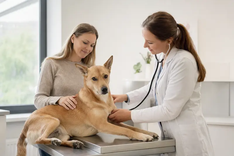 Ein ruhiger Carolina Dog wird von einer freundlichen Tierärztin mit einem Stethoskop in einer modernen Tierarztpraxis untersucht.