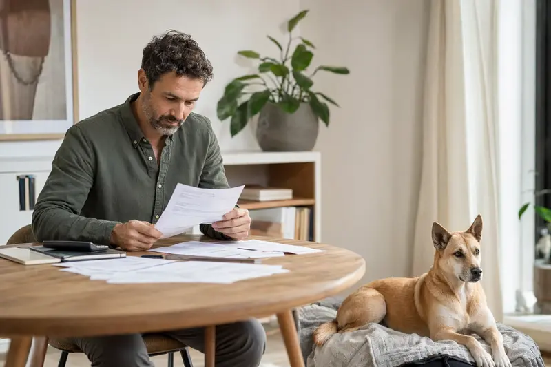 Ein Hundebesitzer sitzt mit einer Tierarztrechnung am Tisch, während ein entspannter Carolina Dog auf einer Decke liegt und die Hundekrankenversicherung im Kontext von Tierarztkosten veranschaulicht.