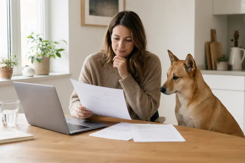 Ein Carolina Dog sitzt entspannt neben seinem Besitzer am Küchentisch, wo Versicherungsunterlagen und ein Laptop liegen.