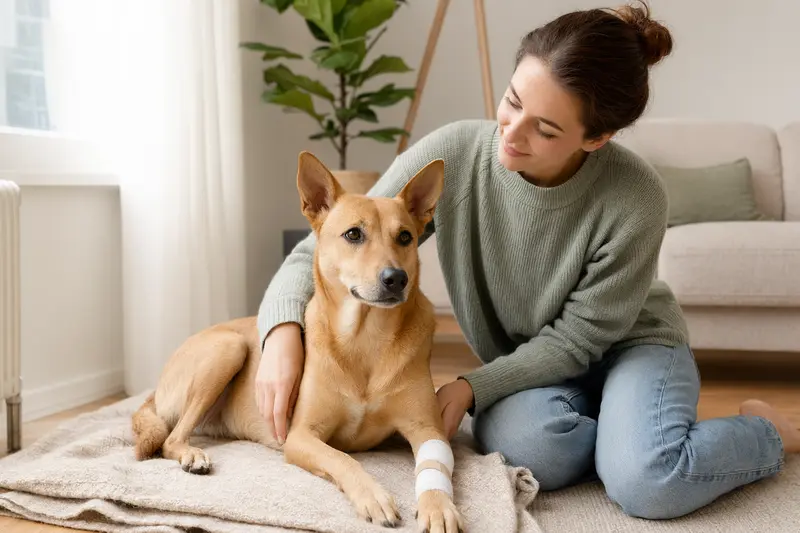 Ein Carolina Dog ruht mit einem Verband an der Pfote neben seinem erleichterten Besitzer in einer hellen Wohnung.