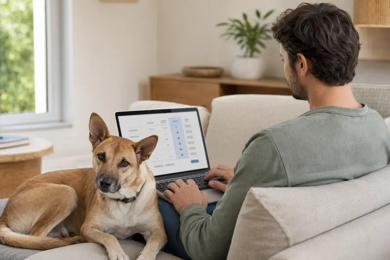 Ein Hundebesitzer arbeitet entspannt am Laptop auf dem Sofa, während sein Carolina Dog neben ihm sitzt und eine Vergleichsoberfläche für Tierversicherungen unscharf angezeigt wird.