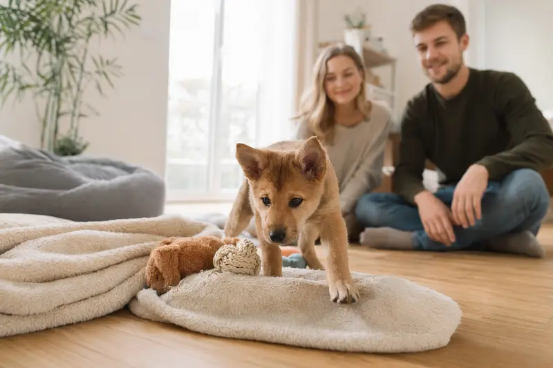 Ein neugieriger Carolina Dog Welpe erkundet glücklich sein neues Zuhause mit einer weichen Decke und Spielzeug.